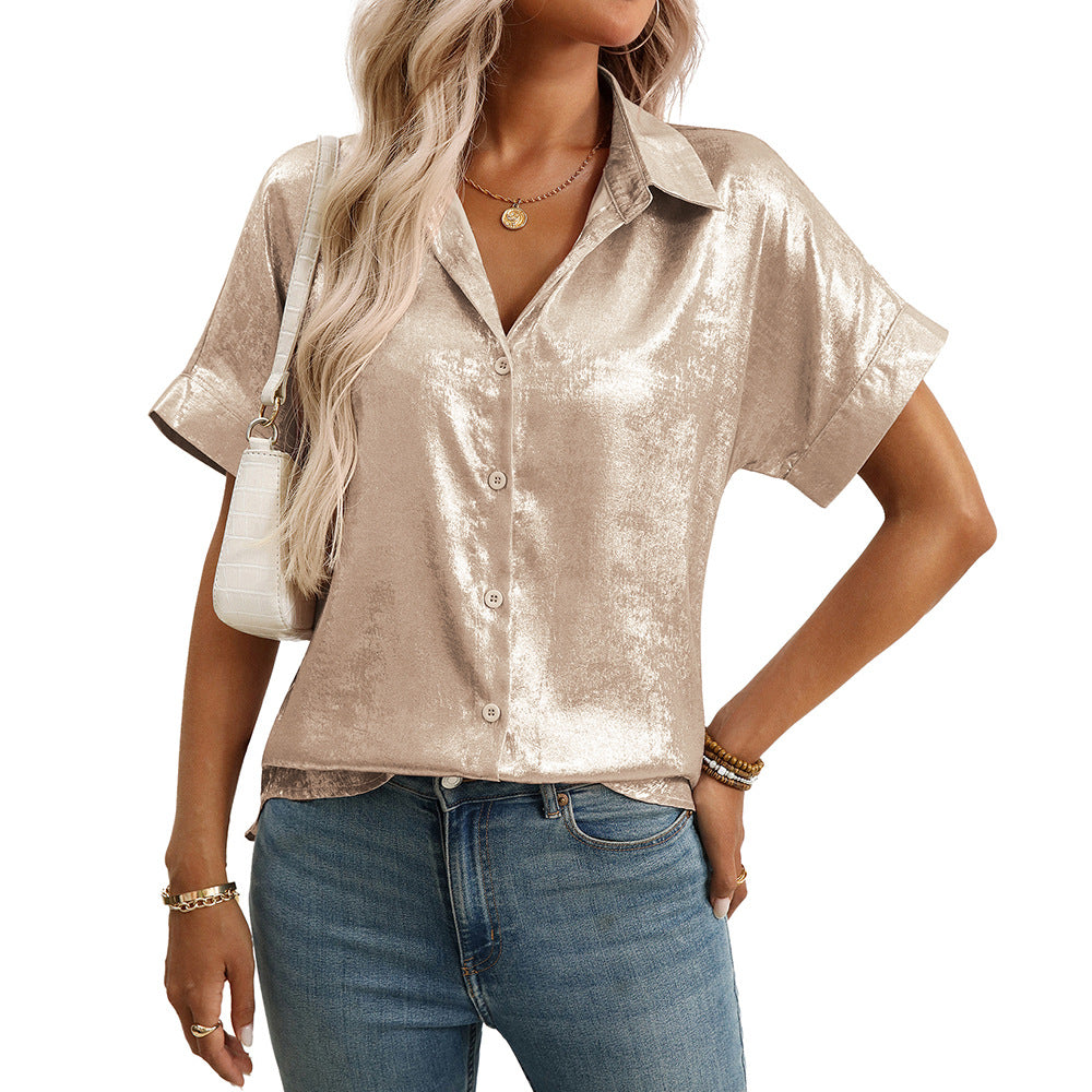 Summer Casual Loose Craft Short Sleeve Collared Metallic Shirt