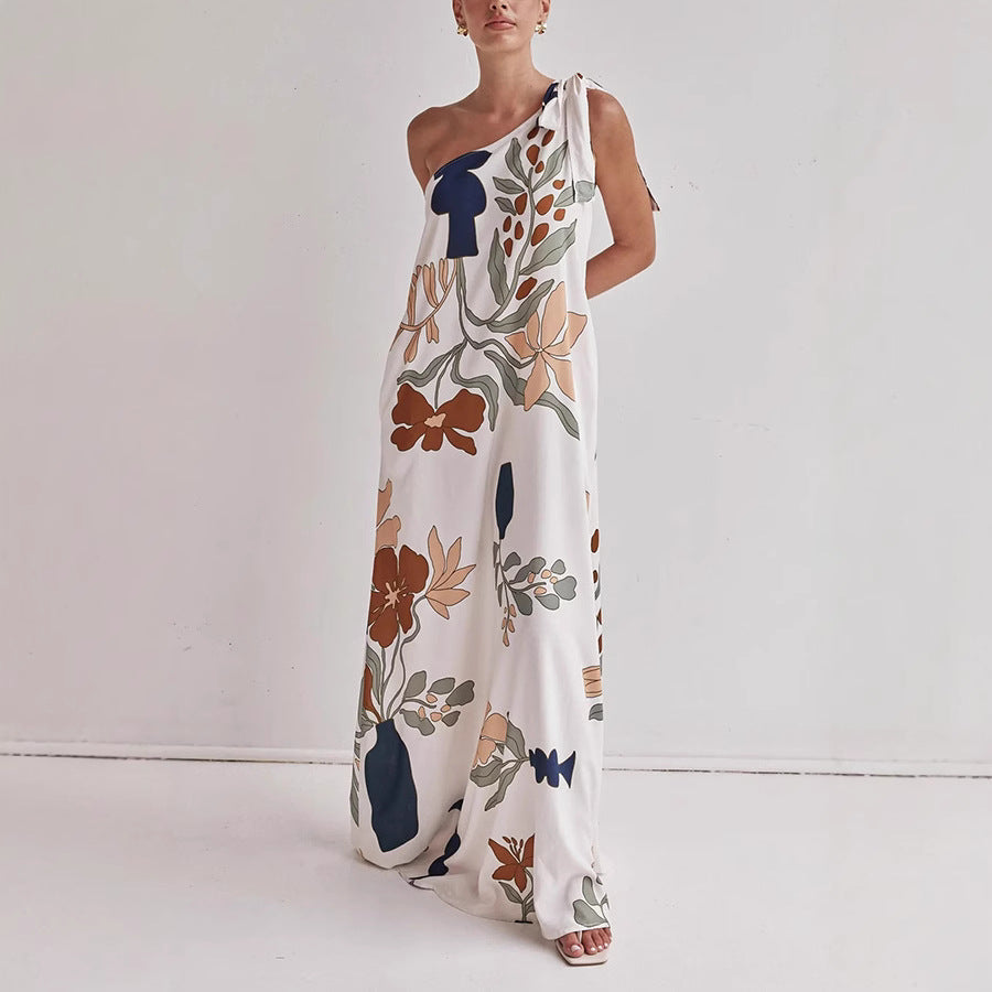 Spring Summer Oblique Shoulder Printed Pocket Dress Casual Loose Vacation Dress