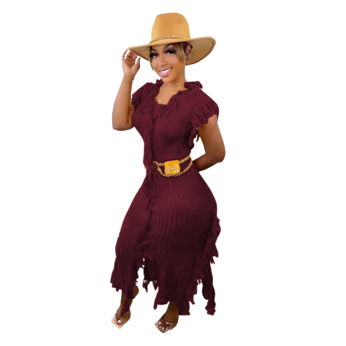 Women Clothing Casual Solid Color Knitted Sleeveless Tassel Dress