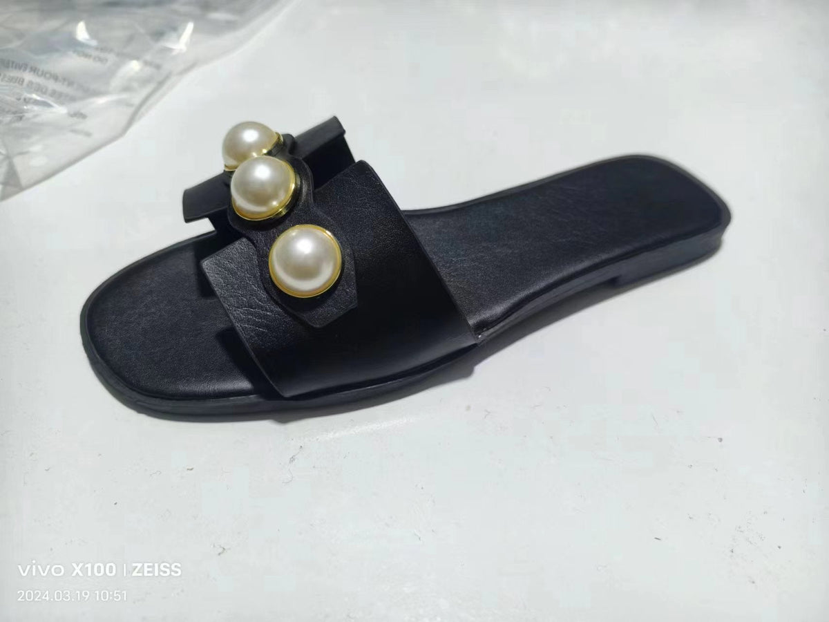 Pearl Flat Slippers Women Lightweight Low Heel Outerwear Beach Slippers Supply