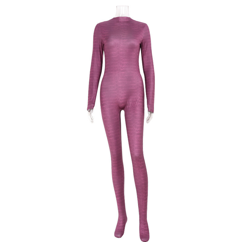 Snake Pattern Mesh Floral Print Long Sleeved Jumpsuit Women Slim Fit Sexy See through Nightclub Dance Sexy Long Sleeved Trousers