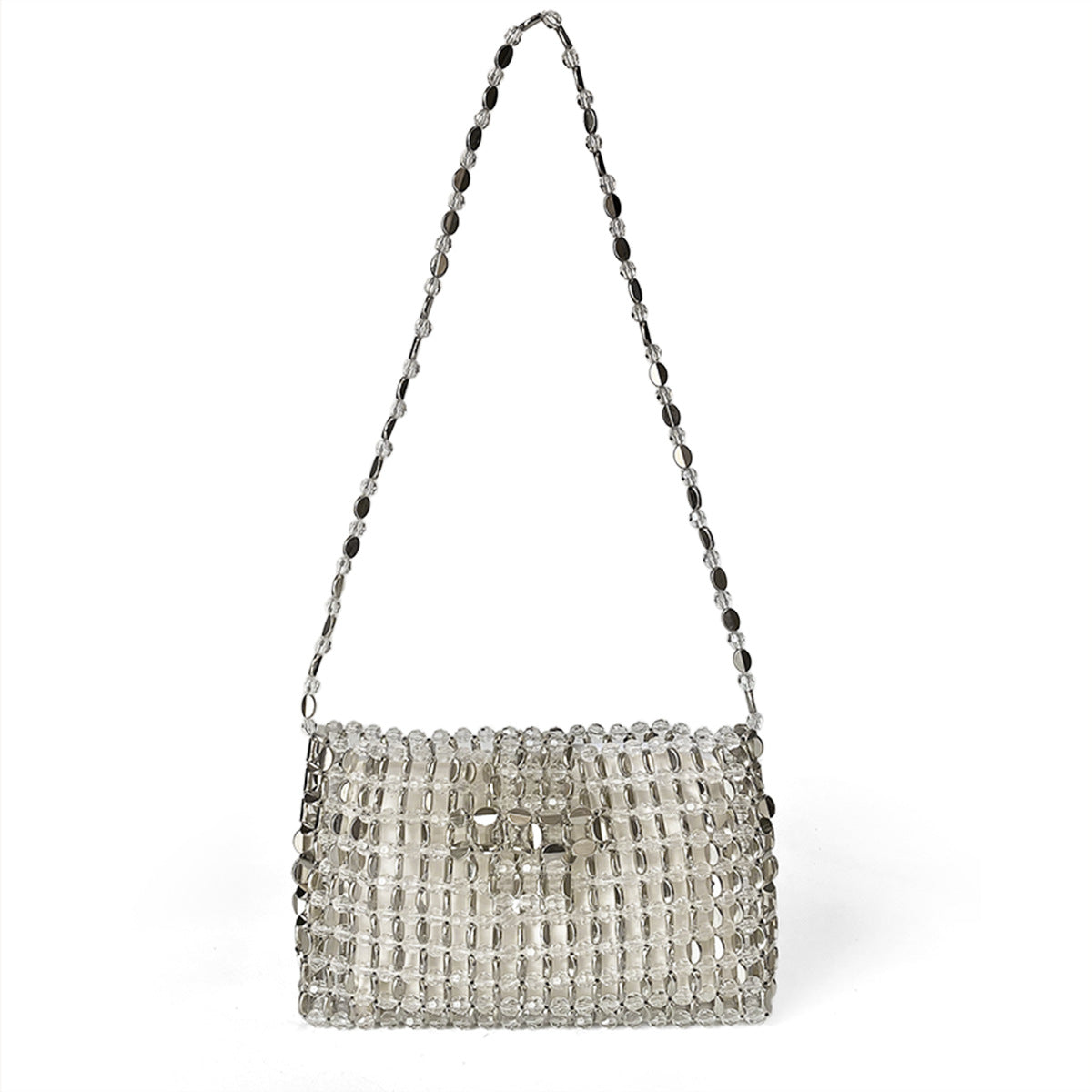 Retro Silver Beaded Bag Crossbody Bag Mobile Phone Bag Small Square Bag with Zip Hand Woven Bag