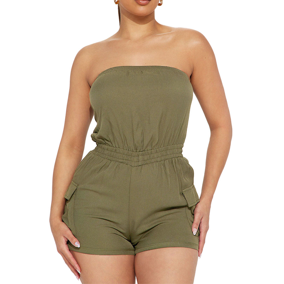 Women Clothing Sexy Comfortable Solid Color Chest Wrapped Organ Pocket Jumpsuit