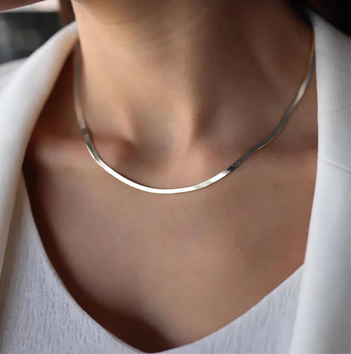 14K Gold Plated Herringbone Choker Necklace - Dainty Thin Snake Chain Layered Jewelry for Women