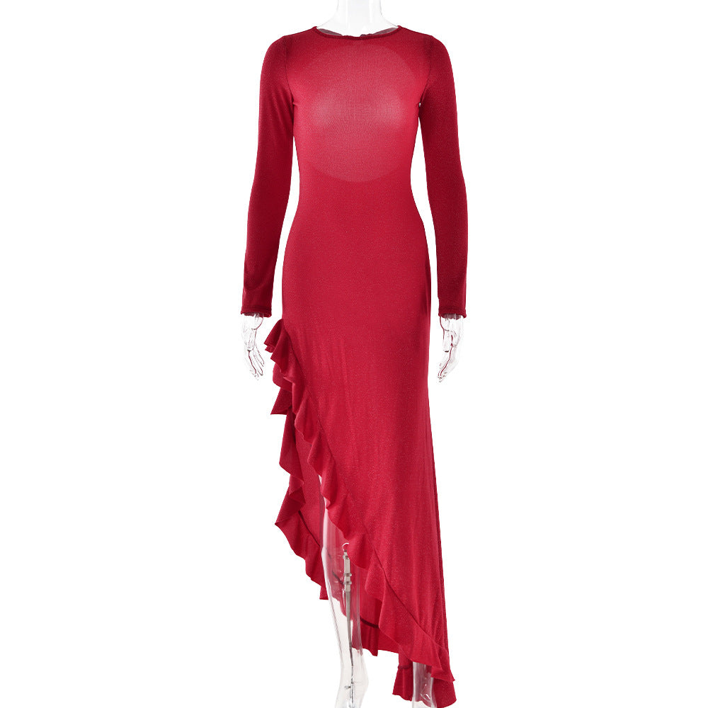 Sexy Women Wear Summer Solid Color Round Neck Long Sleeve Backless High Slit Dress