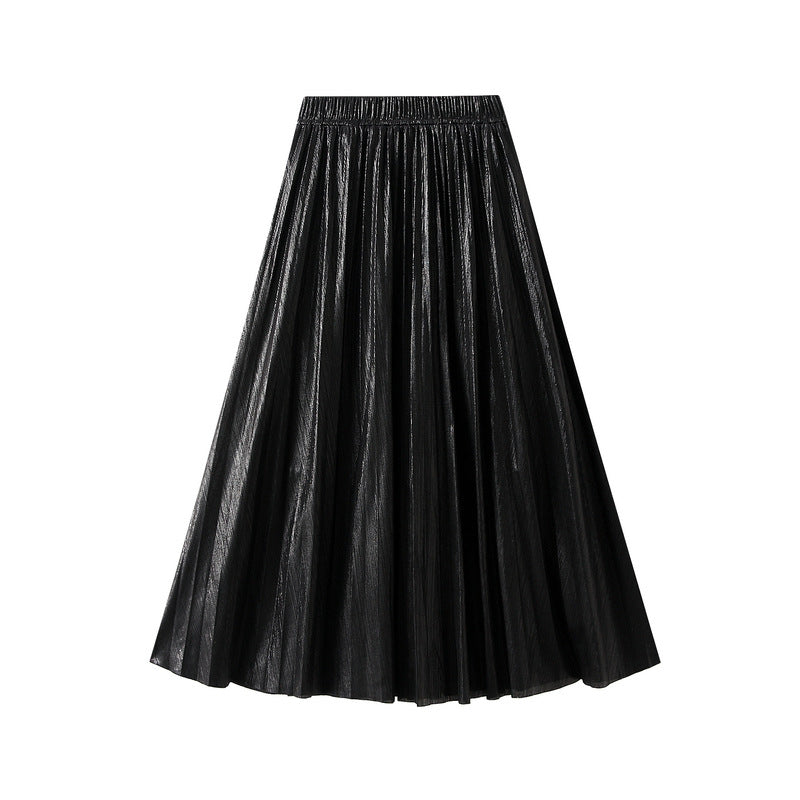 High Grade Metallic Bright Silk Organ Skirt Mid Length Skirt Spring Autumn Pleated Skirt