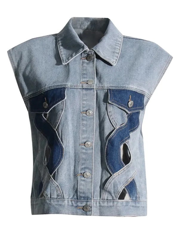 Summer Personalized Street Color Contrast Patchwork Vest Twist Hollow Out Cutout Workwear Denim Jacket