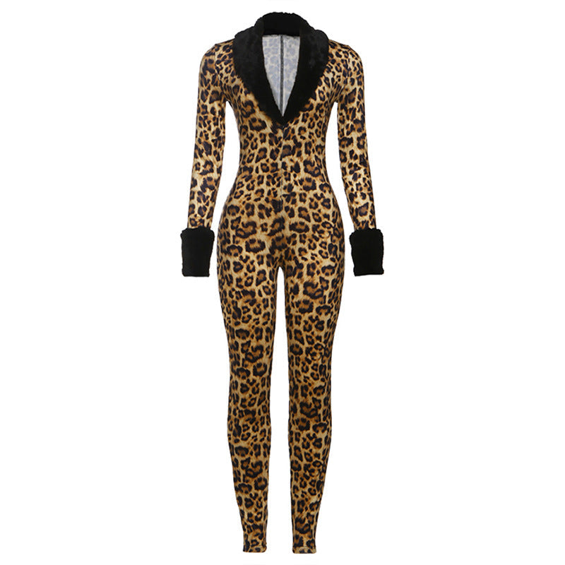 Autumn Winter Women Clothing Sexy Leopard Print V neck Plush Slim Fit Patchwork Long Sleeve Jumpsuit