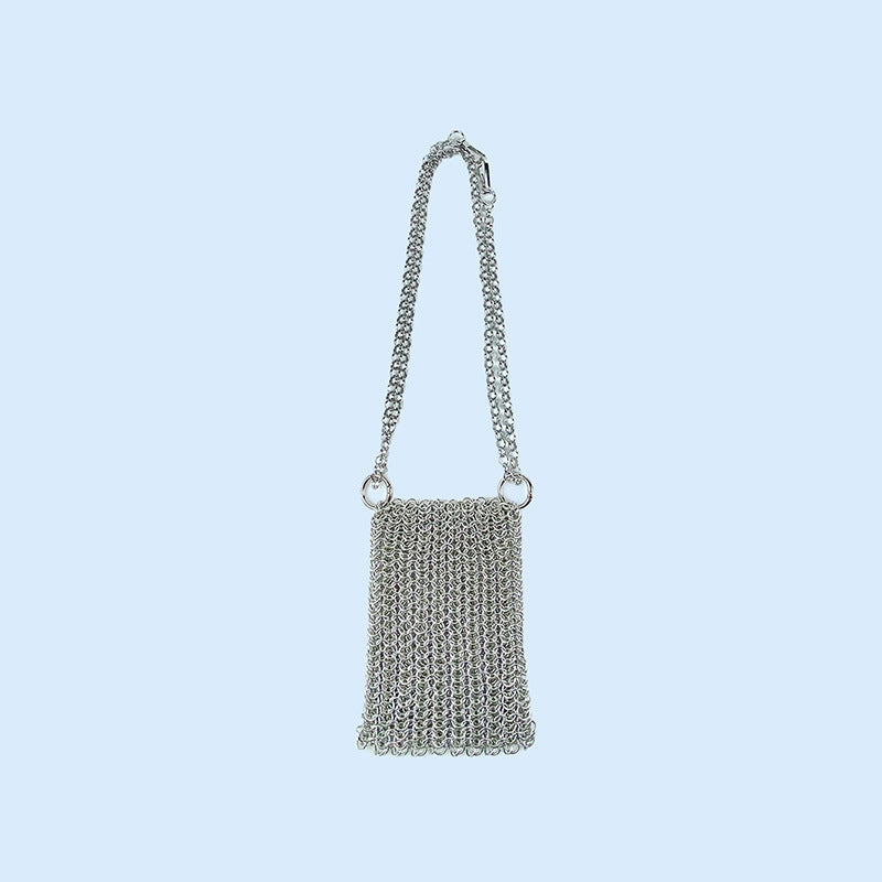 Metal Shiny Hand Woven Chainmail Mobile Phone Bag Crossbody Mini Hollow Out Cutout Small Bag Exquisite Light Luxury