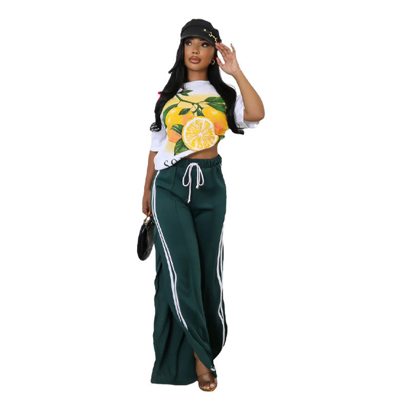 Casual Women Wear Supply Loose Striped Solid Color Sports Wide Leg Pants Trousers