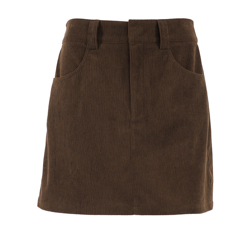Retro Corduroy Skirt Women Short Autumn High Waist Office All Matching Slimming A line Sheath Skirt（Without Belt）