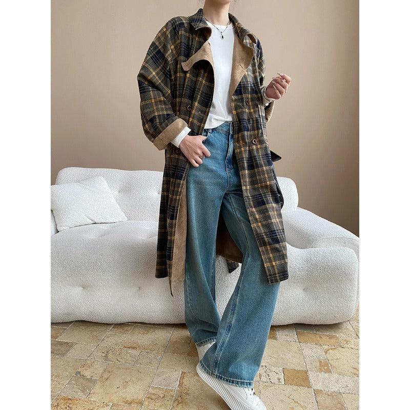 Early Autumn Faux Suede Double Sided Wear Retro Plaid Stitching British Trench Coat