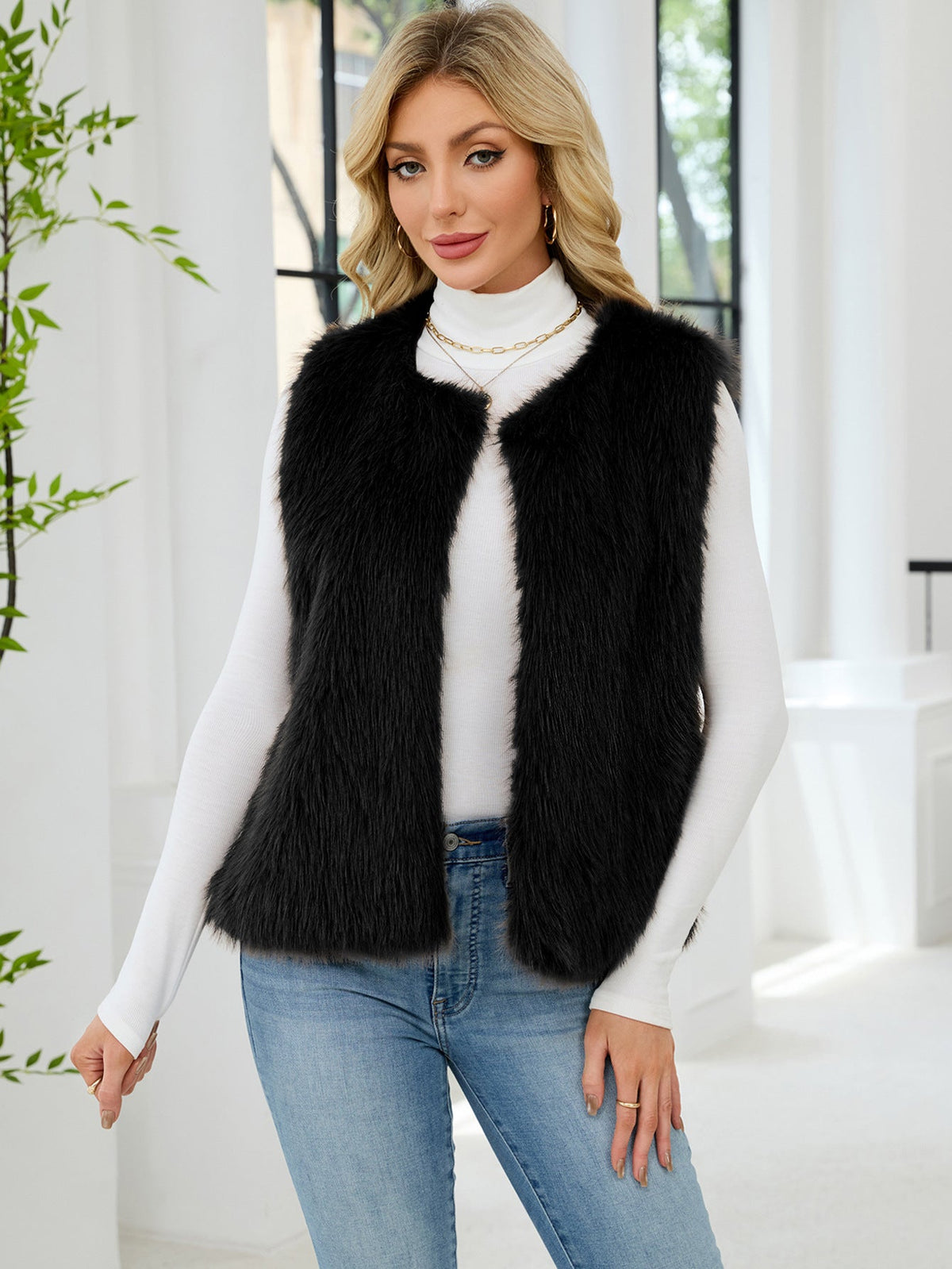 Women Clothing Faux Fur V neck Vest Coat Sleeveless Vest