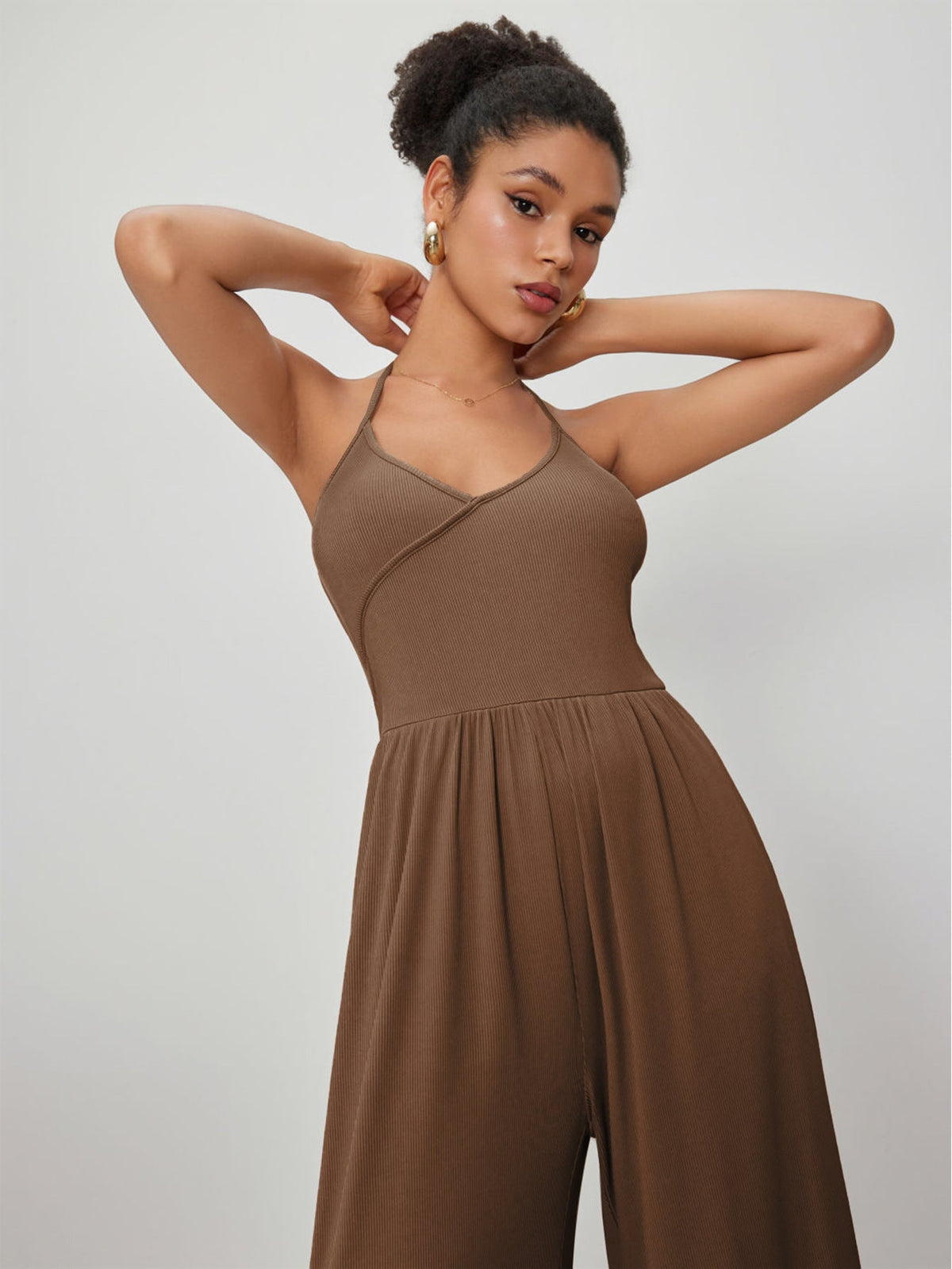 Drape Knit Lace up Halterneck Tight Waist Slim Sexy Sexy One Piece Trousers for Women
