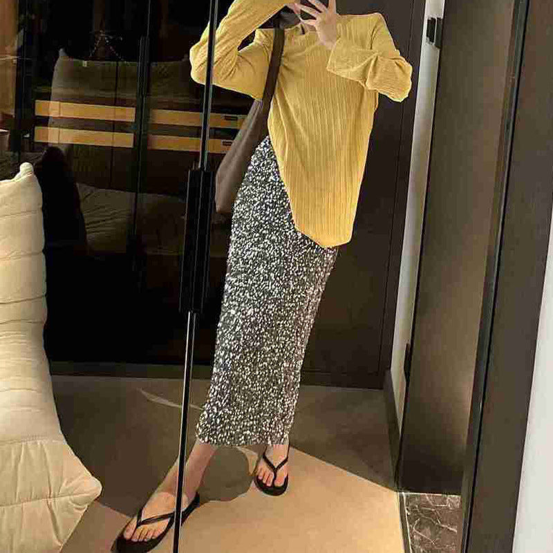 High Waist Slimming Sequined Skirt Women Elastic Waist Back Slit Elastic Straight Long Skirt
