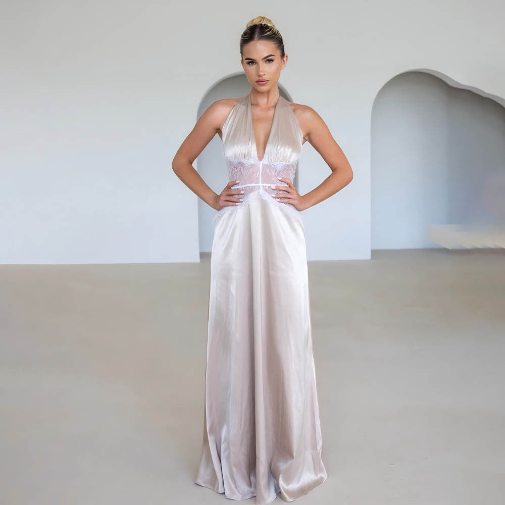 Summer Elegant Deep V Plunge Silky Satin Dress Stitching Halter Waist Tight Sexy Dress