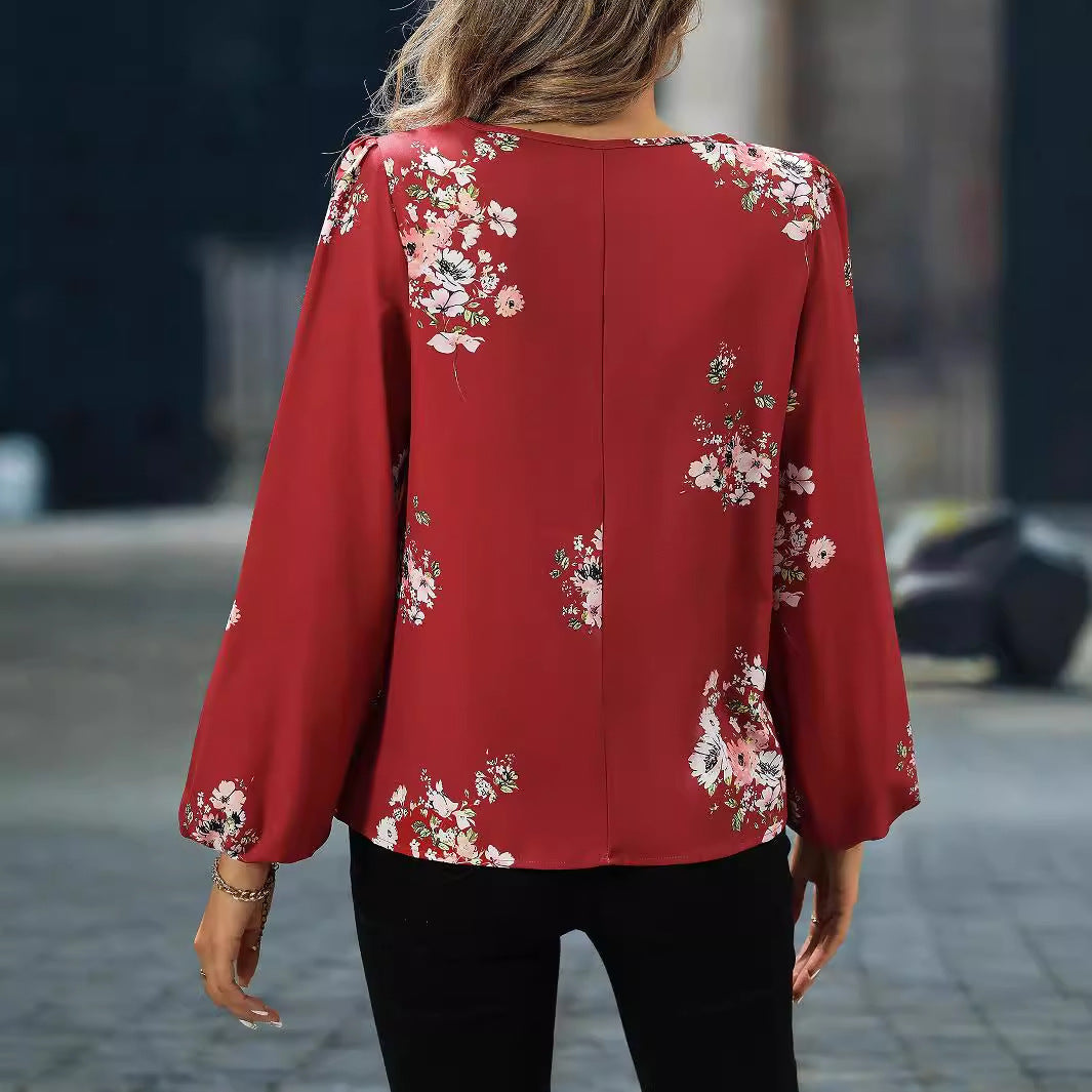 Women Clothing Best Seller Elegant Spring Autumn Lantern Sleeve Printing Long Sleeve Women Shirt