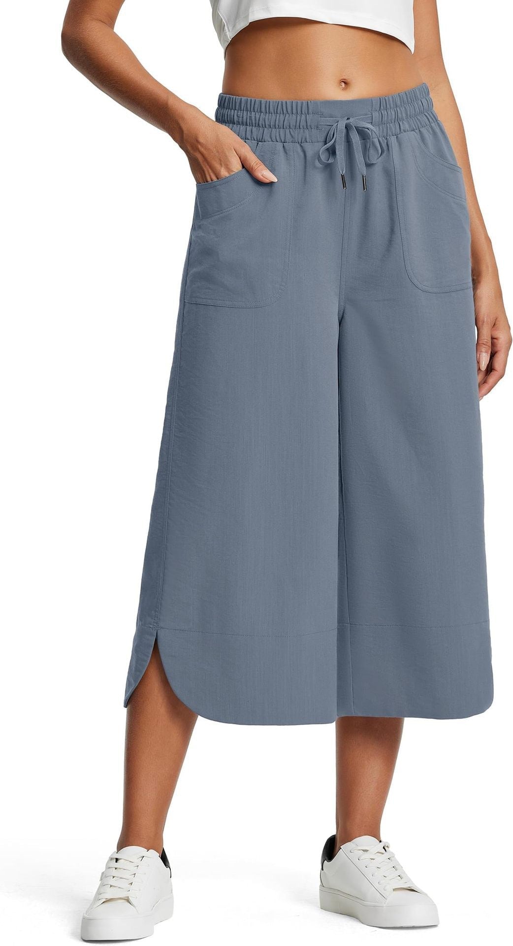 Spring Summer Elastic Waist Solid Color Wide Leg Loose Casual Cropped Pants for Women