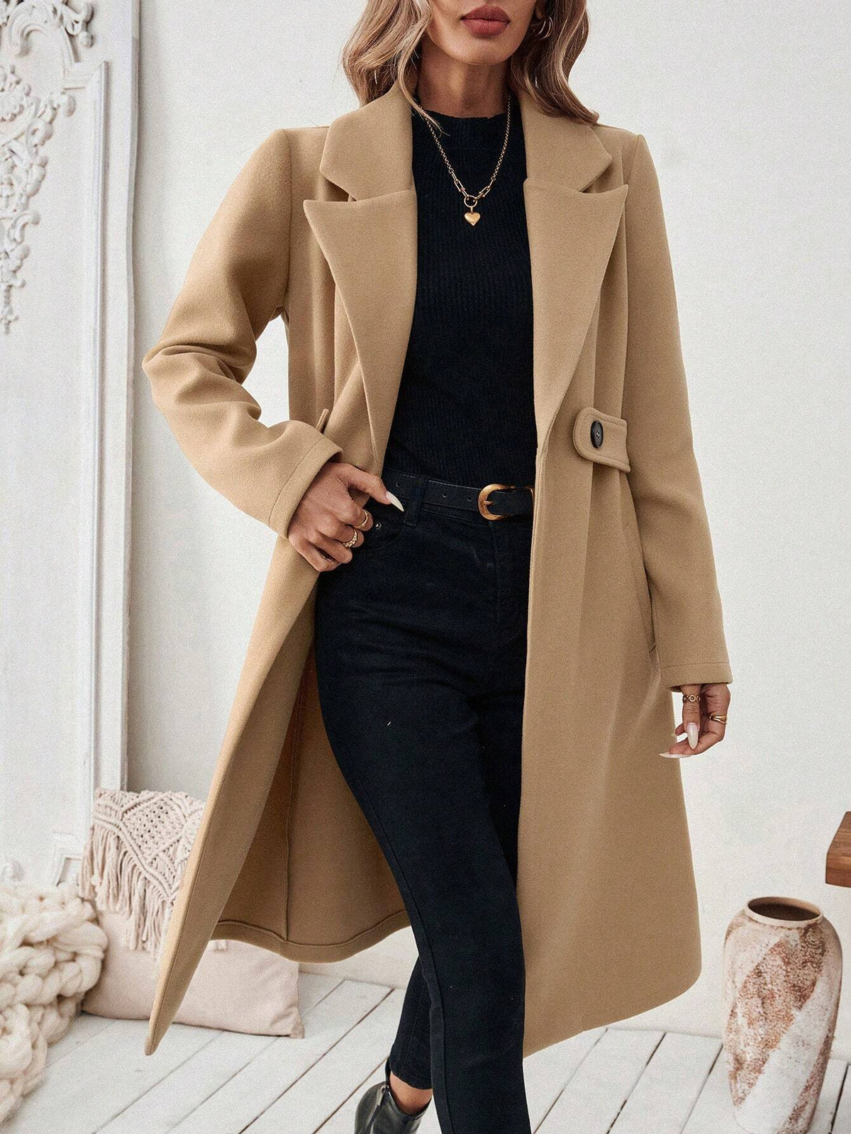 Autumn Winter Woolen Coat Long Collared Slim Fit Slimming Women Woolen Coat