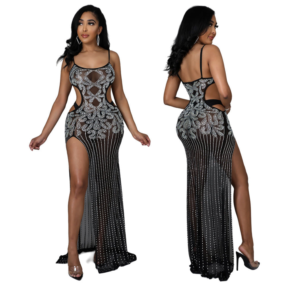 Party Nightclub High Slit Sexy See-through Strap Dress without Underwear Women