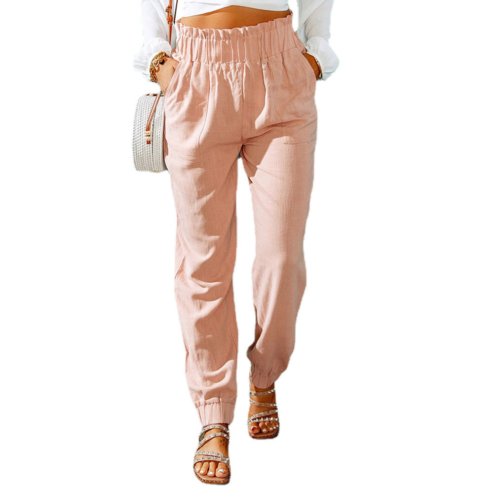 Women Clothing Spring Ruffled Elastic Waist High Waisted Trousers