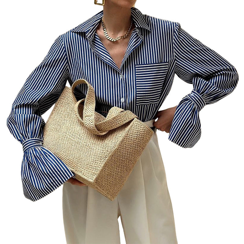 Spring Women Clothing Fashionable Elegant Long Sleeve Striped Shirt