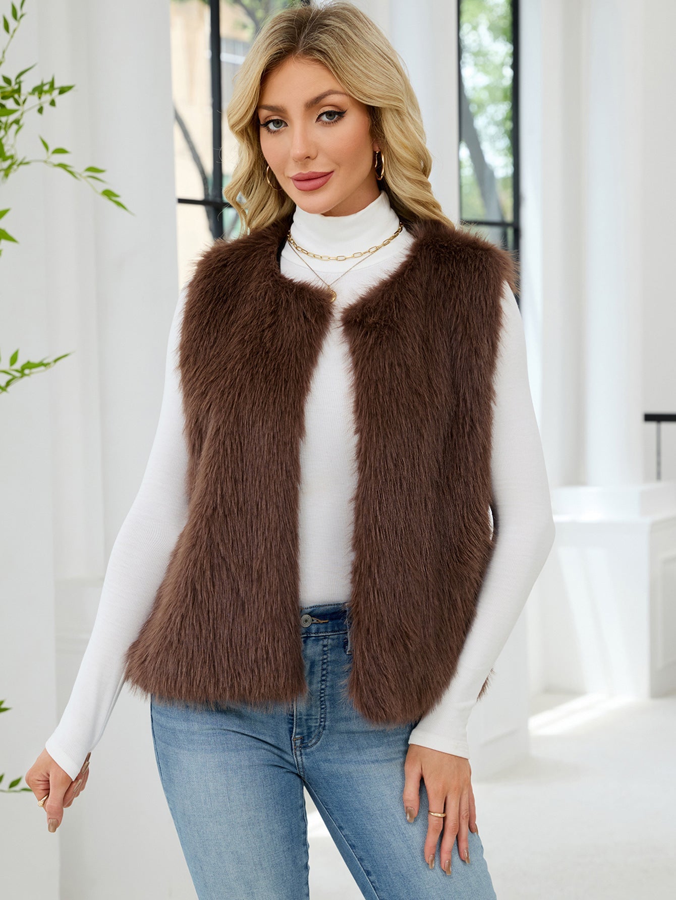 Women Clothing Faux Fur V neck Vest Coat Sleeveless Vest