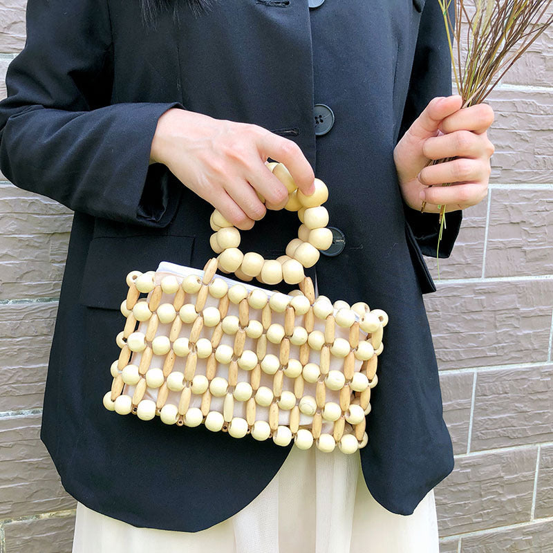 Retro Hand Woven Clutch Natural Wooden Bead Handbag Transparent Beach Cubic Bag