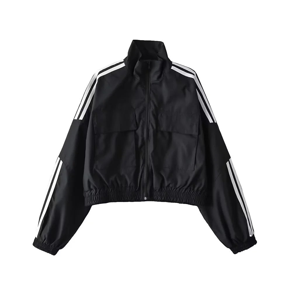Stand Collar Zipper Jacket Small Coat Retro Street Long Sleeve Three Bars Color Contrast Short Waist Tight Cardigan Top
