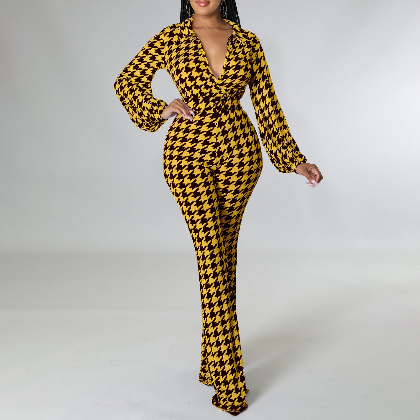Women Clothing Autumn Winter V Neck Puff Sleeve Waist Trimming Printing Wide Leg African Jumpsuit