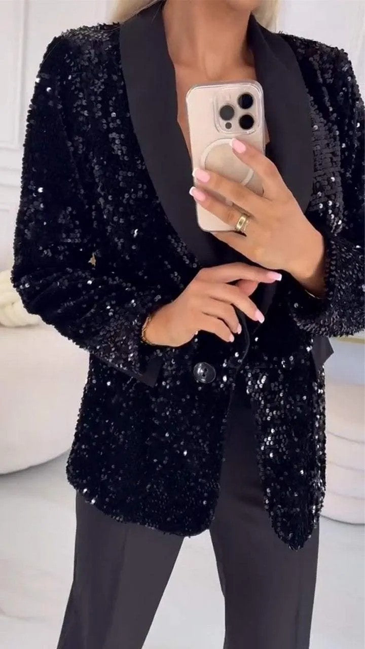 Autumn Winter Casual Fashionable Sequ Collared Blazer