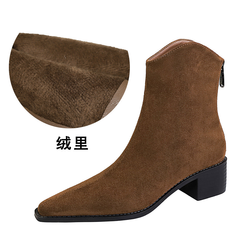 Fashionable Simple Winter All Matching Chunky Heel Mid Heel Pointed Toe Suede Short Boots Short Women Boots