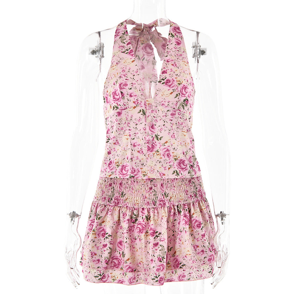 Suit Sexy V neck Halter Backless Top Floral Skirt Two Piece Set