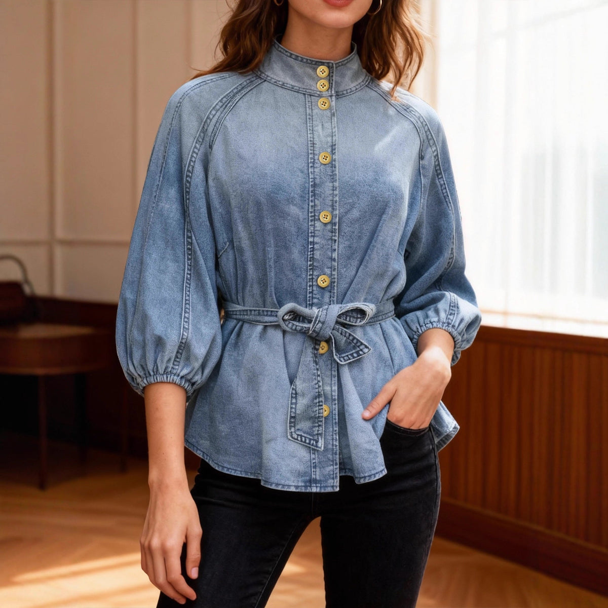 Lace up Waist Controlled Lantern Sleeve Nine Quarter Sleeve Retro Denim Shirt Women Top High Grade Stand Collar Young Show