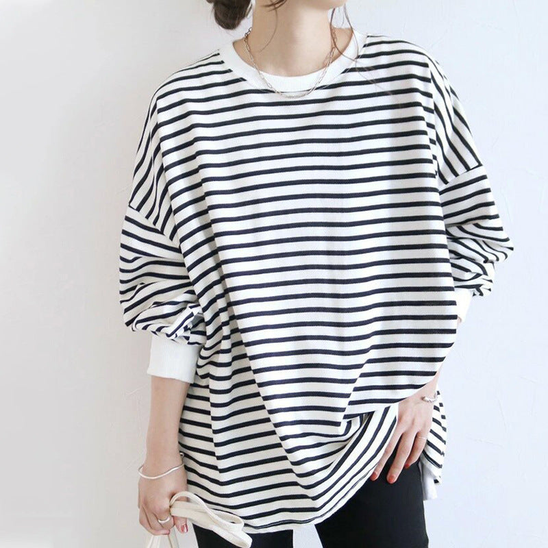 Japanese Autumn Winter Striped Sweatshirt Women Loose Cotton Large Version Bottoming Top Women