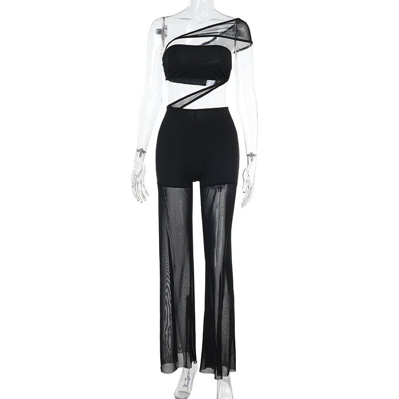Sexy Mesh Stitching Tube Top One Piece Wide Leg Pants Hollow Out Cutout out See through Women Clothing