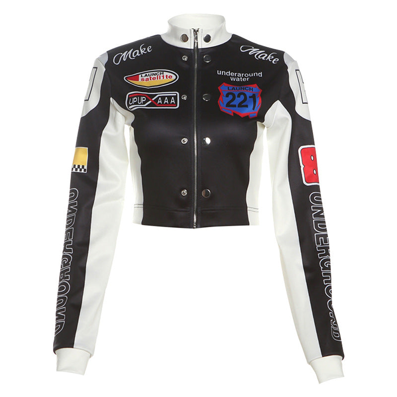 Autumn Winter Women Clothing Sexy Cropped Vintage Floral Print Long Sleeves Varsity Jacket