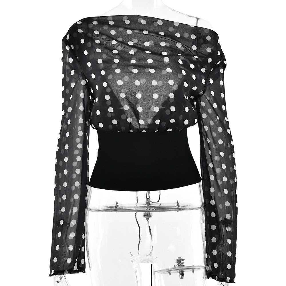 Sexy Women Polka Dot Chiffon Top Sexy Waist Trimming Lace up Backless T shirt