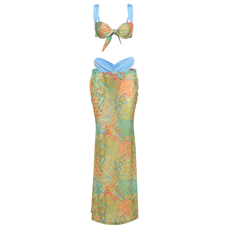 Spring Sexy Printing Color Contrast Tied Top High Waist Skirt Three Piece Sets