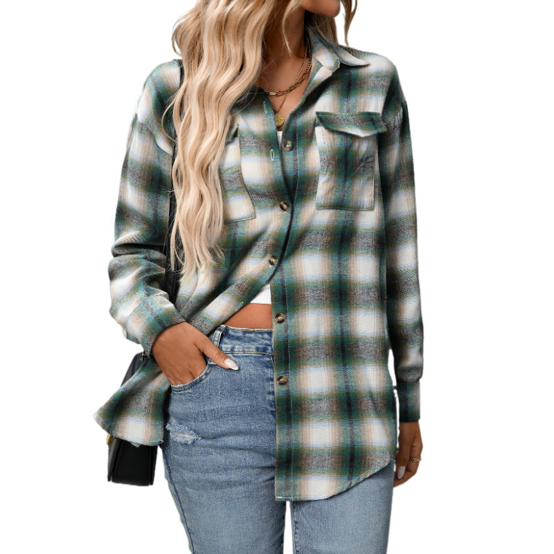 Autumn Winter Women Clothing Casual Loose Plaid Pocket Shirt for Women
