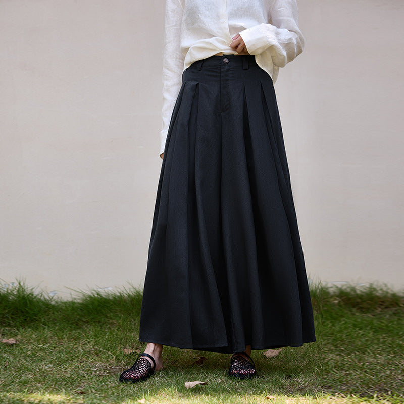 Women High Waist Pantskirt Autumn Winter Tencel Linen Pleated Big Hem A line Skirt Pants Crisp Elegant