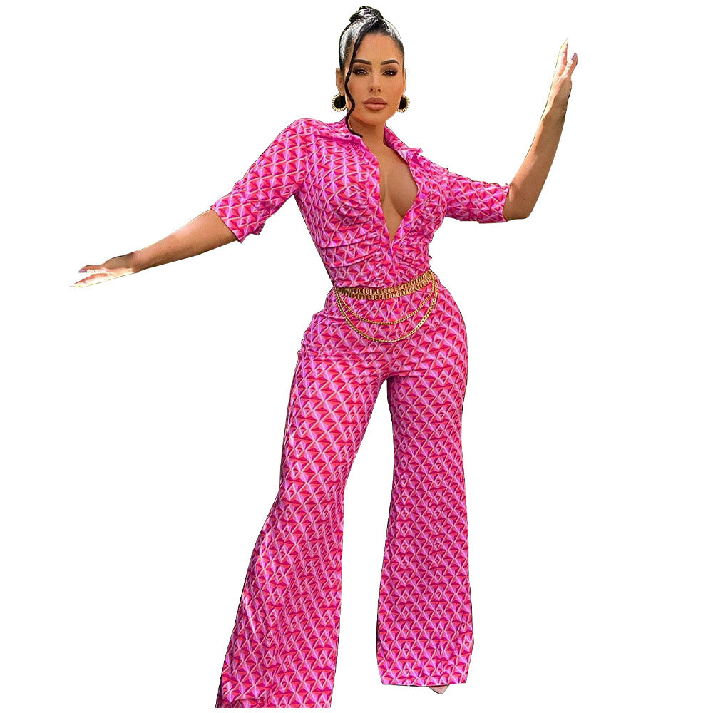 Collared Wide-Leg Sexy Slim-Fit Printed Jumpsuit