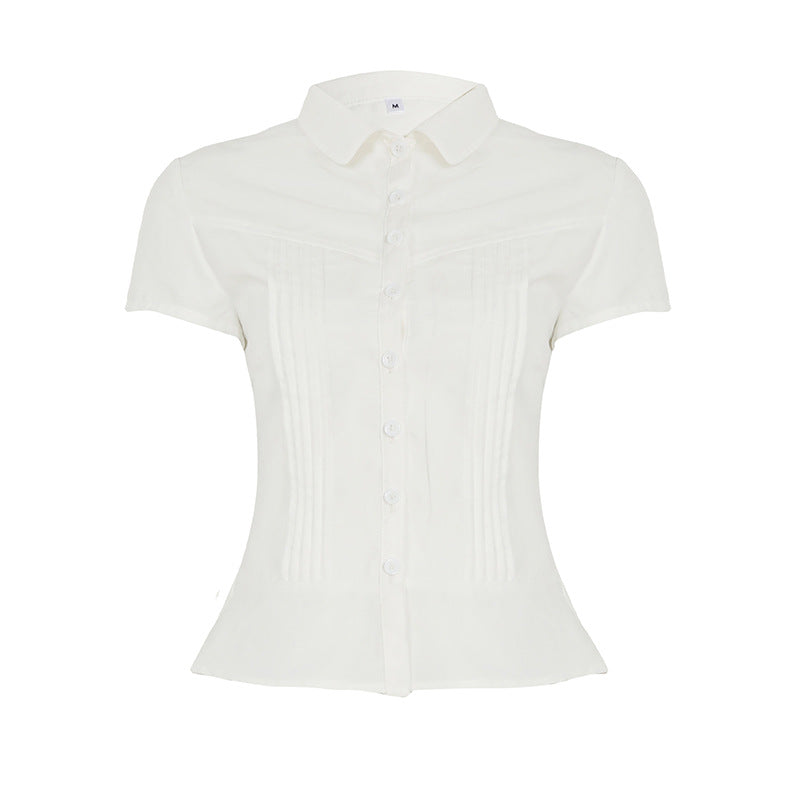 Organ Pleated Gentle Girl Waist Trimming Shirt Trend Women Wear Fresh Solid Color Short Sleeve Top