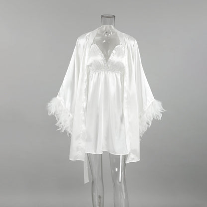Loose Night Dress Robe Two Piece Sets Satin Stitching Feather Sleeve Solid Color Ladies Homewear