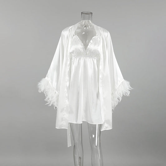 Loose Night Dress Robe Two Piece Sets Satin Stitching Feather Sleeve Solid Color Ladies Homewear