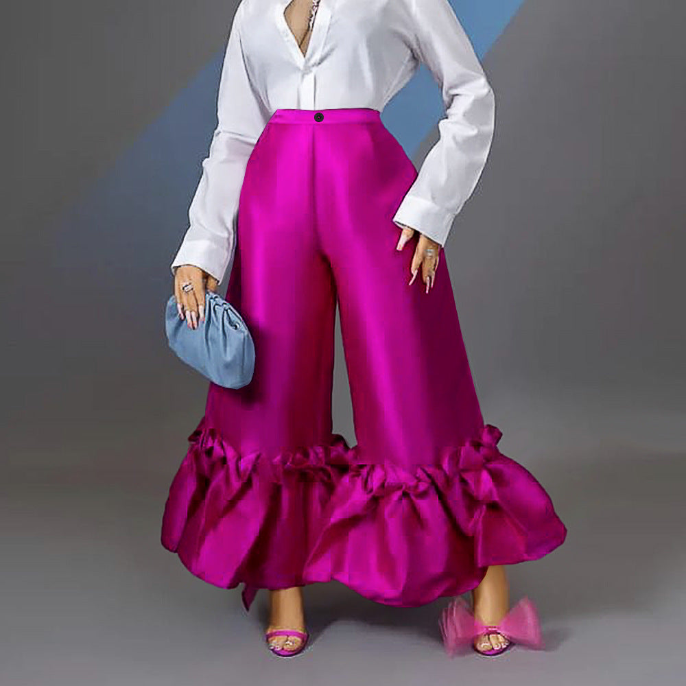High Waist Loose Design Ruffles Wide Leg Bell Bottoms High Waist Flare Pants