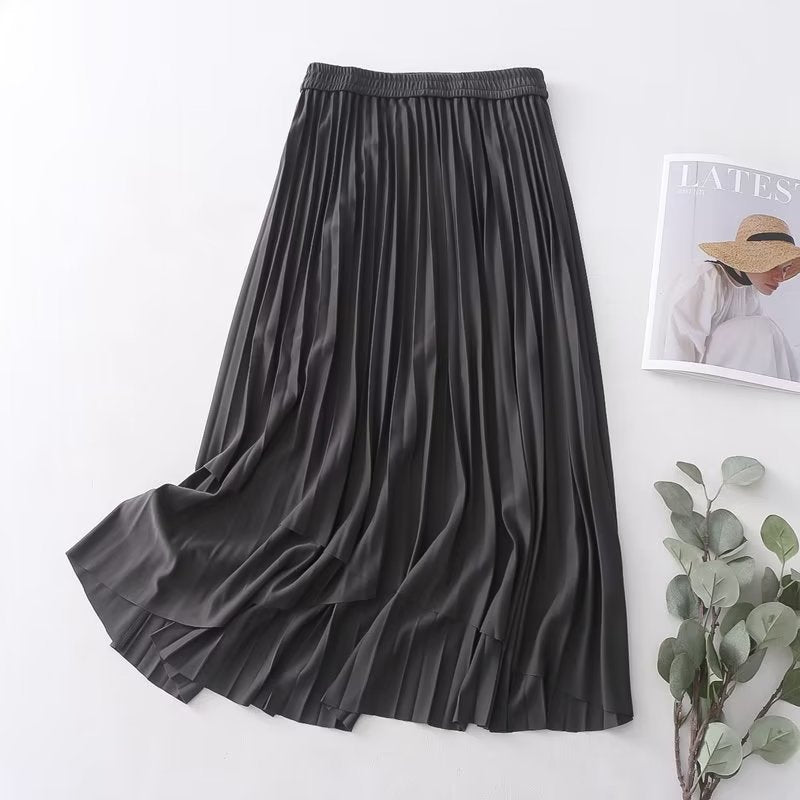 Pleated Skirt Korean Women Clothing Autumn High Waist Elastic Waist Mid Length Skirt
