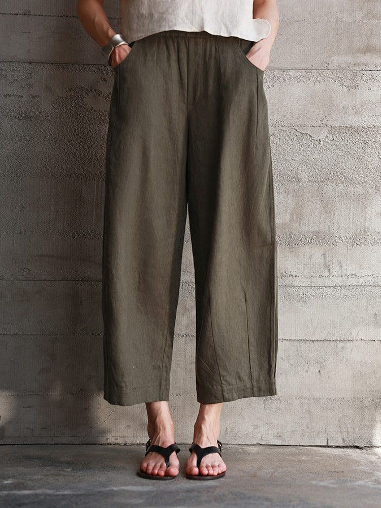 Pure Linen Cropped Pants Women Autumn Elastic Waist Radish Pants Loose Pants All Matching Slimming Straight Pants