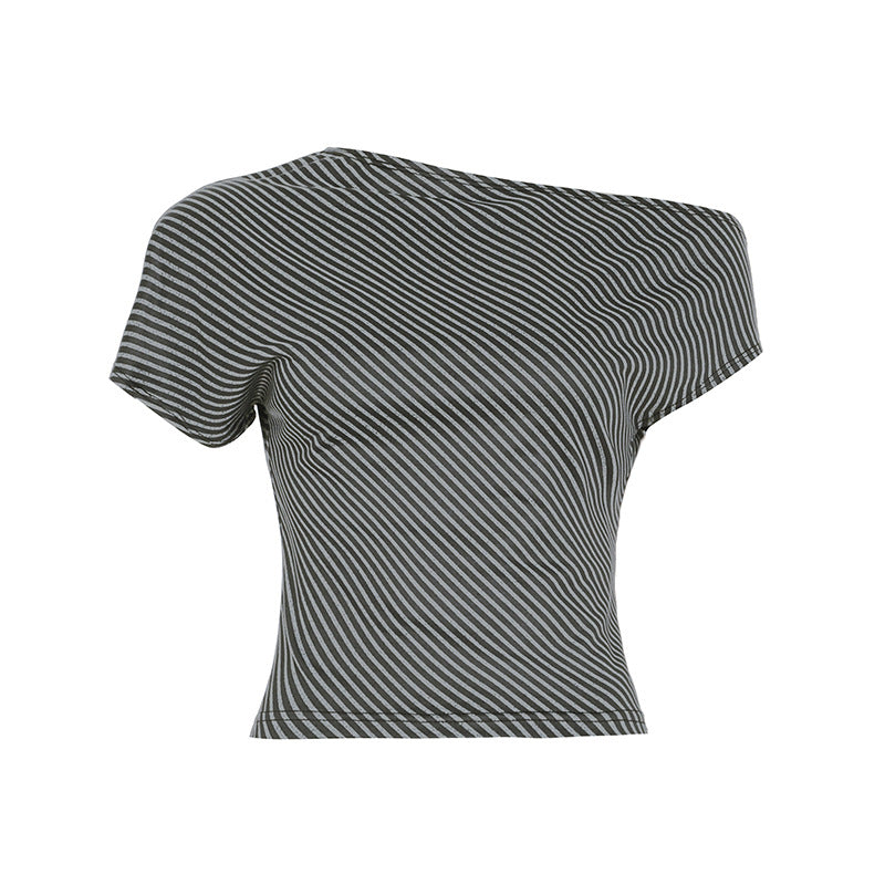 Striped Diagonal Collar Short Sleeved Top Summer Sexy Personality Shoulder Baring Irregular Asymmetric T shirt