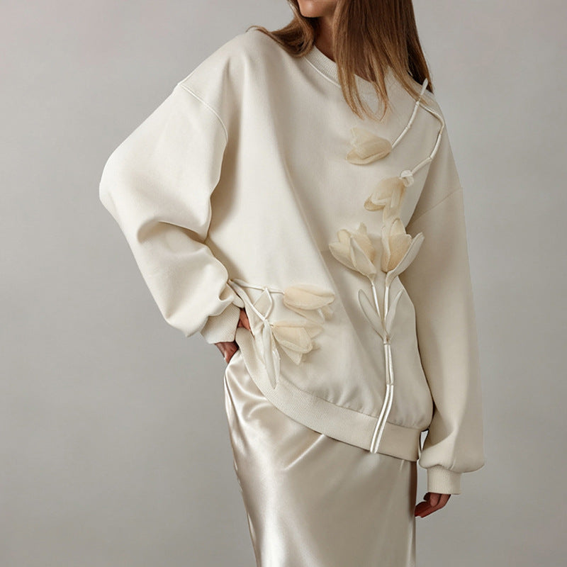 Popular Mid Length Autumn Winter Lazy Loose Three Dimensional Floral Long Sleeve Pullover Hoodie Women Clothing